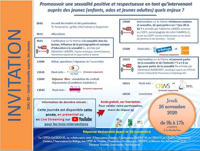 Invitation du centre fédératif de prévention et dépistage 85 pour la promotion d'une sexualité positive et respectueuse en tant qu'intervenant auprès des jeunes.